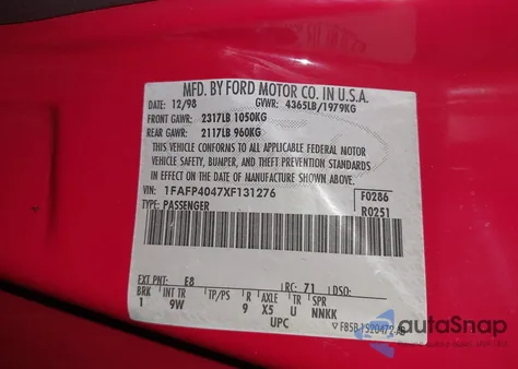 1999 Ford Mustang z USA, uszkodzony, nr VIN 1FAFP4047XF131276